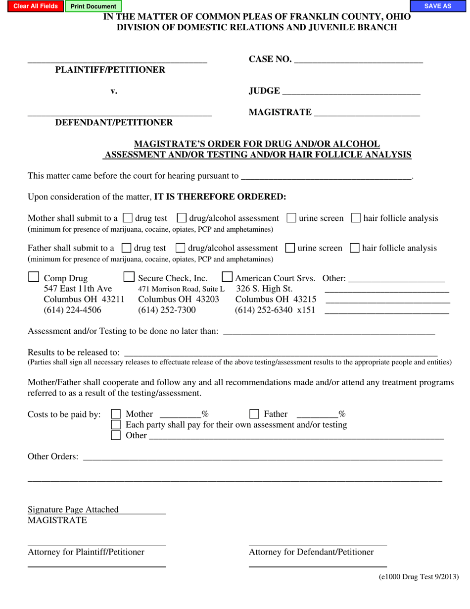 Form E1000 Magistrate's Order for Drug and/or Alcohol Assessment and/or Testing and/or Hair Follicle Analysis - Franklin County, Ohio, Page 1