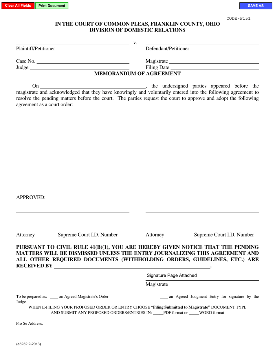 Form E5252 Memorandum of Agreement - Franklin County, Ohio, Page 1