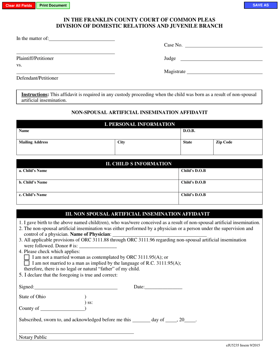 Form eJU5235 Non-spousal Artificial Insemination Affidavit - Franklin County, Ohio, Page 1