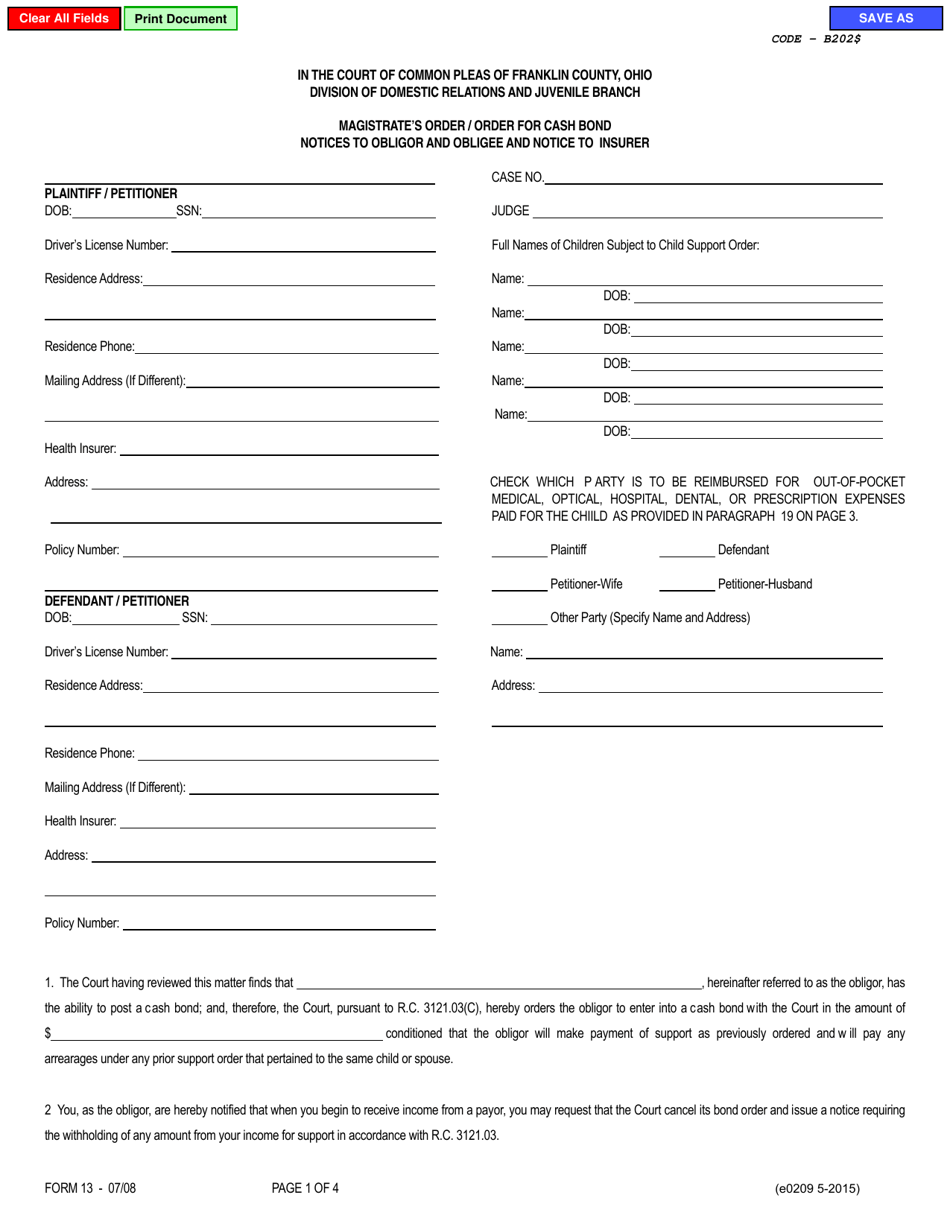 Form 13 (E0209) Magistrates Order / Order for Cash Bond - Franklin County, Ohio, Page 1