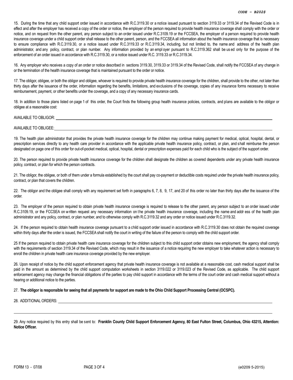 Form 13 (E0209) Magistrates Order / Order for Cash Bond - Franklin County, Ohio, Page 3