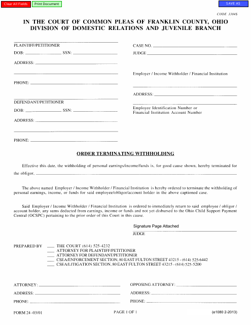 Form 24 (E1080) Order Terminating Withholding - Franklin County, Ohio