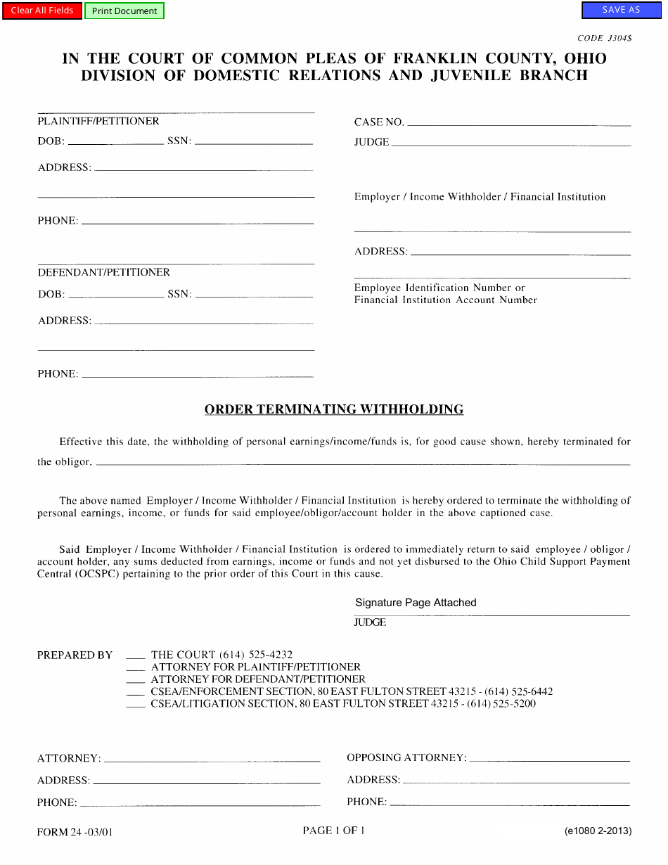 Form 24 (E1080) Order Terminating Withholding - Franklin County, Ohio, Page 1