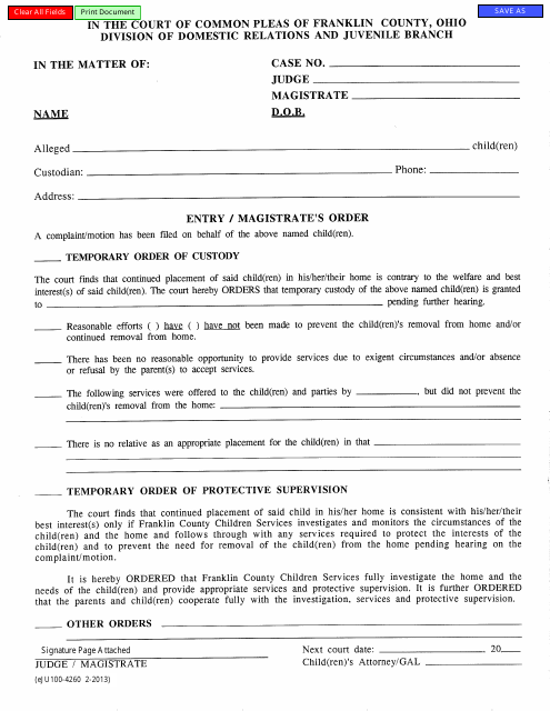 Form eJU100-4260 Magistrate Order Entry for Temporary Order of Custody - Franklin County, Ohio