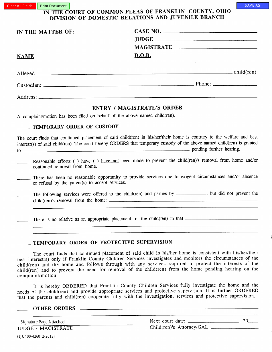 Form eJU100-4260 Magistrate Order Entry for Temporary Order of Custody - Franklin County, Ohio, Page 1