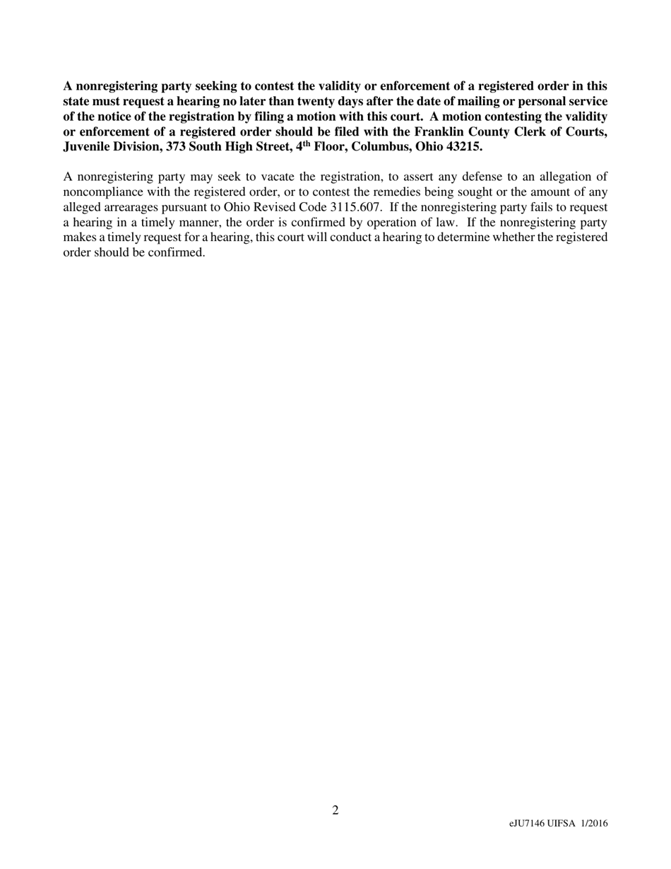Form eJU7146 Notice to Nonregistering Party (Uifsa - Support) - Franklin County, Ohio, Page 2