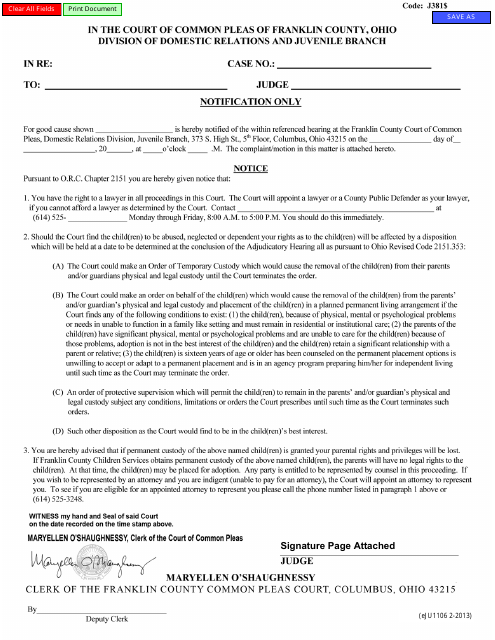 Form eJU1106 Notification Only - Franklin County, Ohio