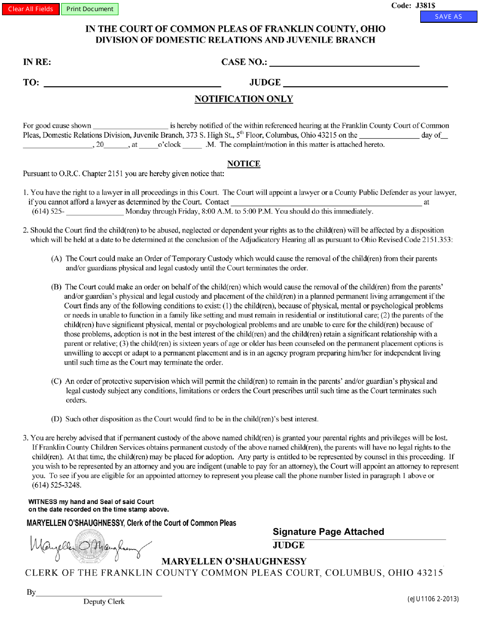 Form eJU1106 Notification Only - Franklin County, Ohio, Page 1