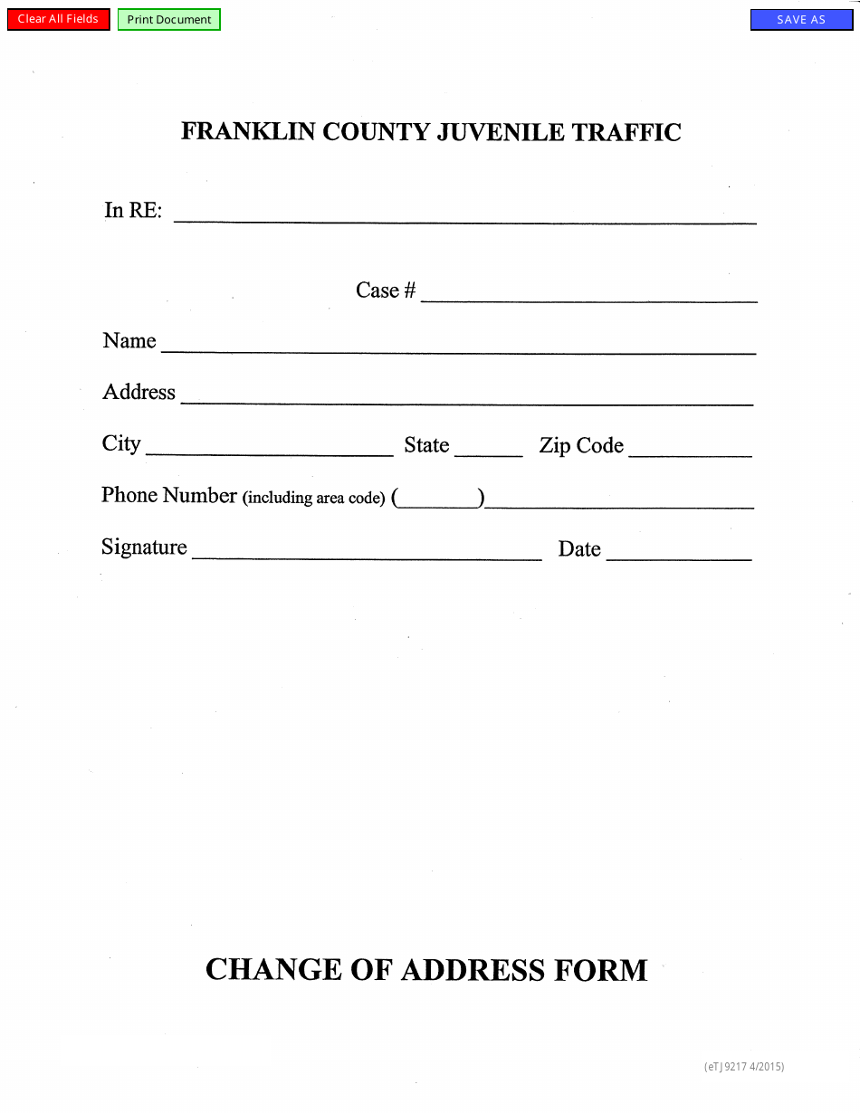 Form eTJ9217 Change of Address Form - Franklin County, Ohio, Page 1