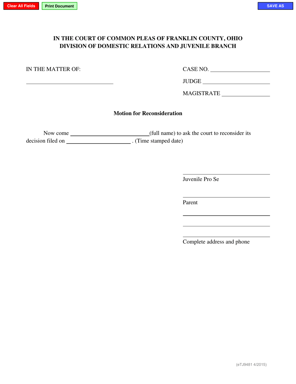 Form eTJ9481 Motion for Reconsideration - Franklin County, Ohio, Page 1