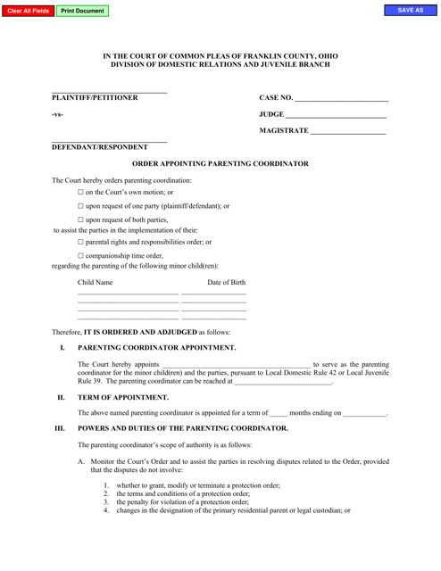 Order Appointing Parenting Coordinator - Franklin County, Ohio Download Pdf