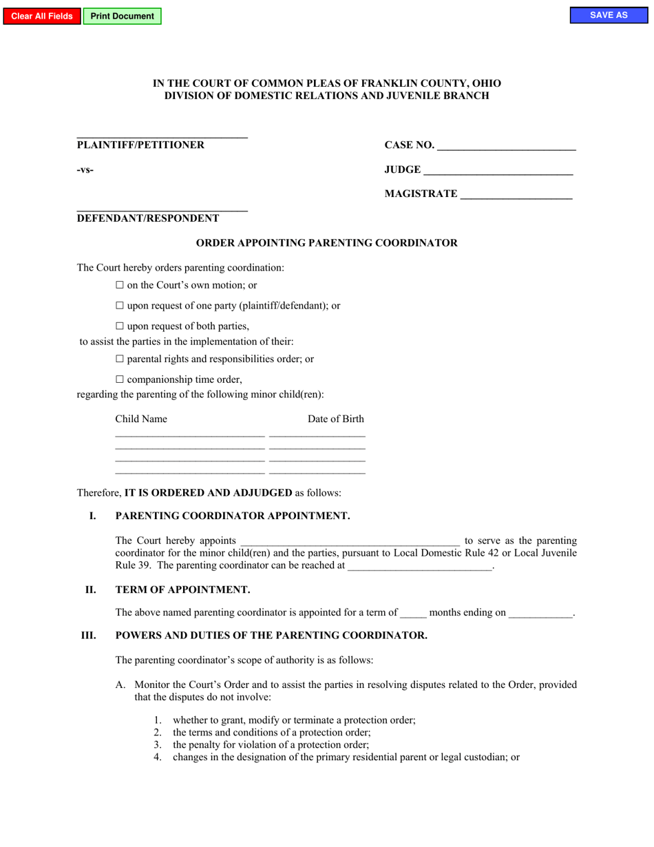 Order Appointing Parenting Coordinator - Franklin County, Ohio, Page 1