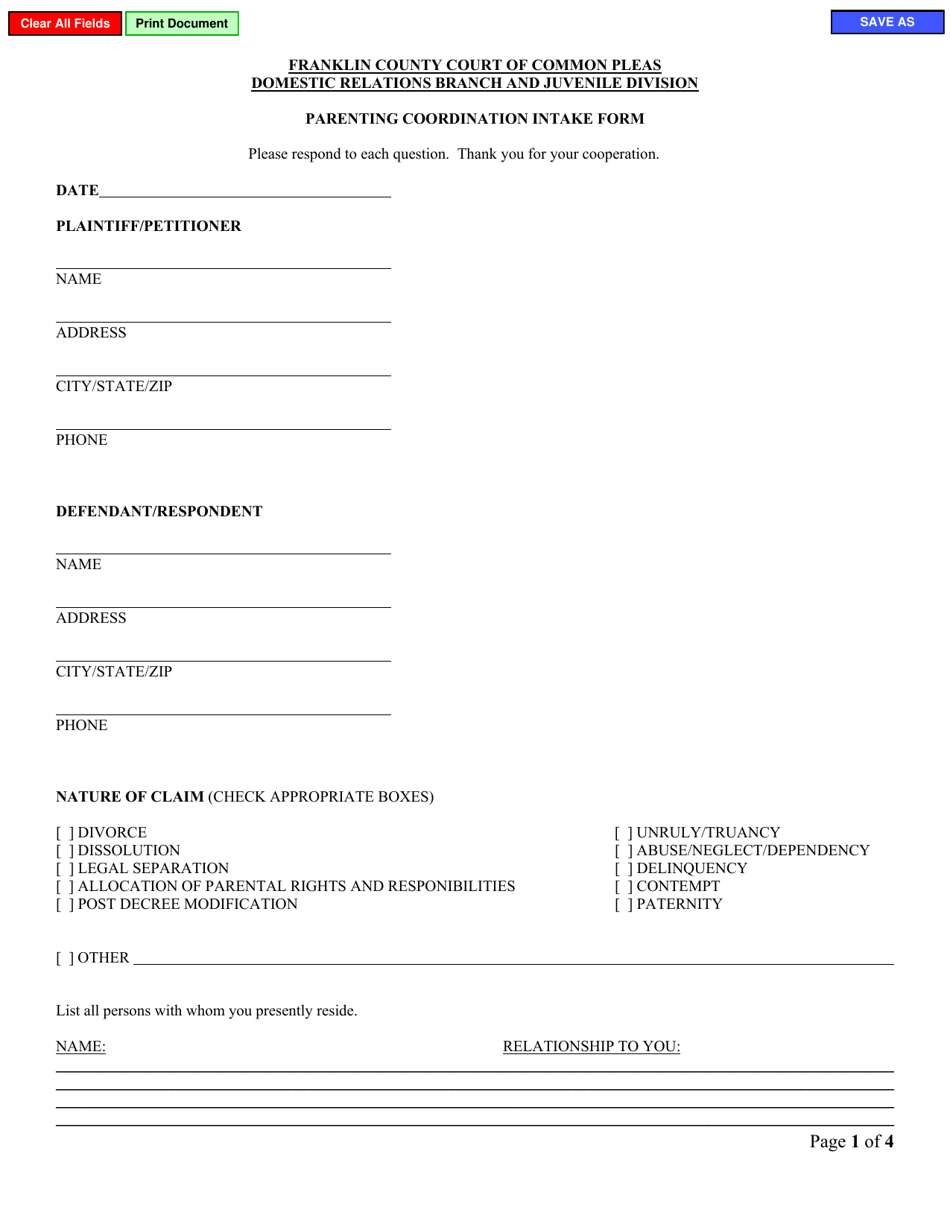 Parenting Coordination Intake Form - Franklin County, Ohio, Page 1