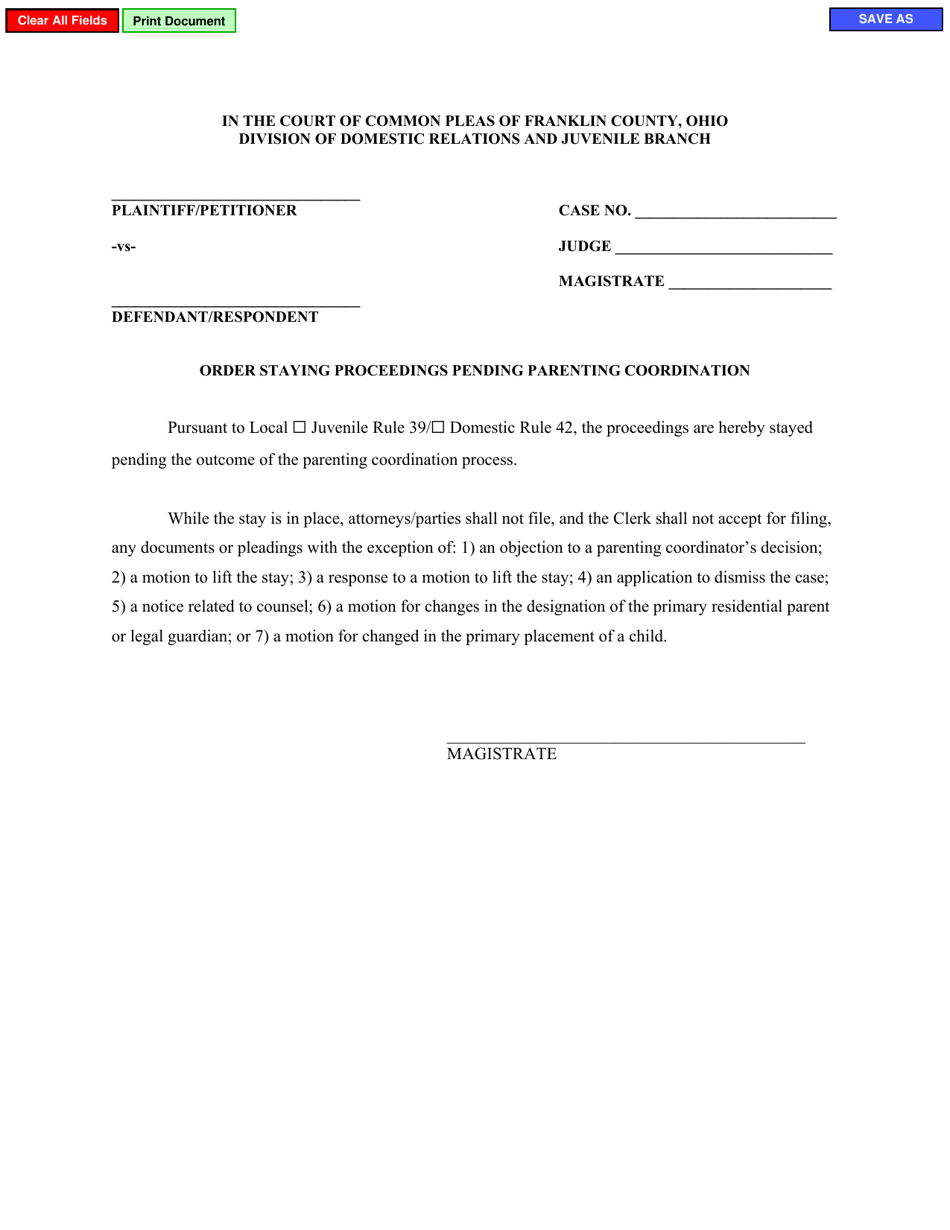 Order Staying Proceedings Pending Parenting Coordination - Franklin County, Ohio, Page 1