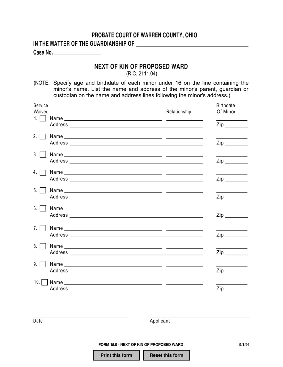 Form 15.0 Next of Kin of Proposed Ward - Warren County, Ohio, Page 1