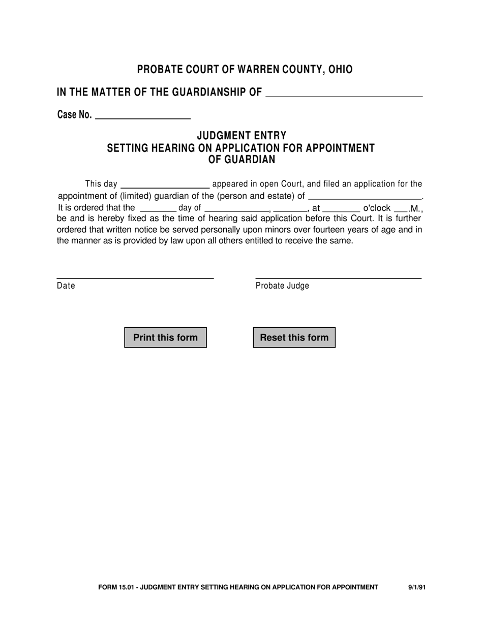 Form 15.01 Judgment Entry Setting Hearing on Application for Appointment of Guardian - Warren County, Ohio, Page 1