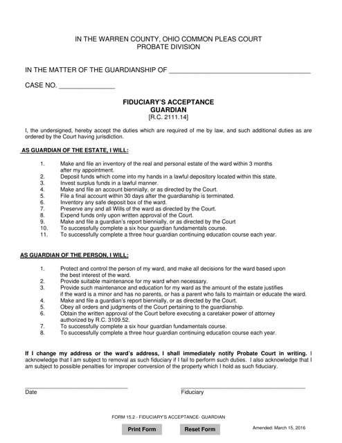 Form 15.2 Fiduciary's Acceptance - Guardian - Warren County, Ohio