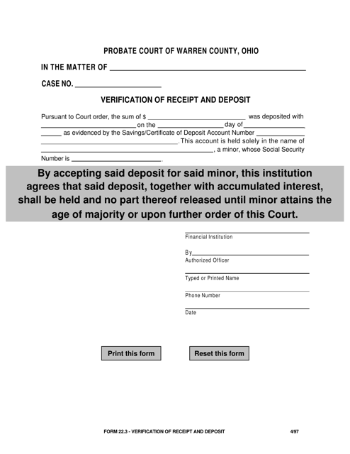 Form 22.3 Verification of Receipt and Deposit - Warren County, Ohio