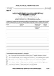 Document preview: Form 1.0 Surviving Spouse, Children, Next of Kin, Legatees and Devisees - Warren County, Ohio