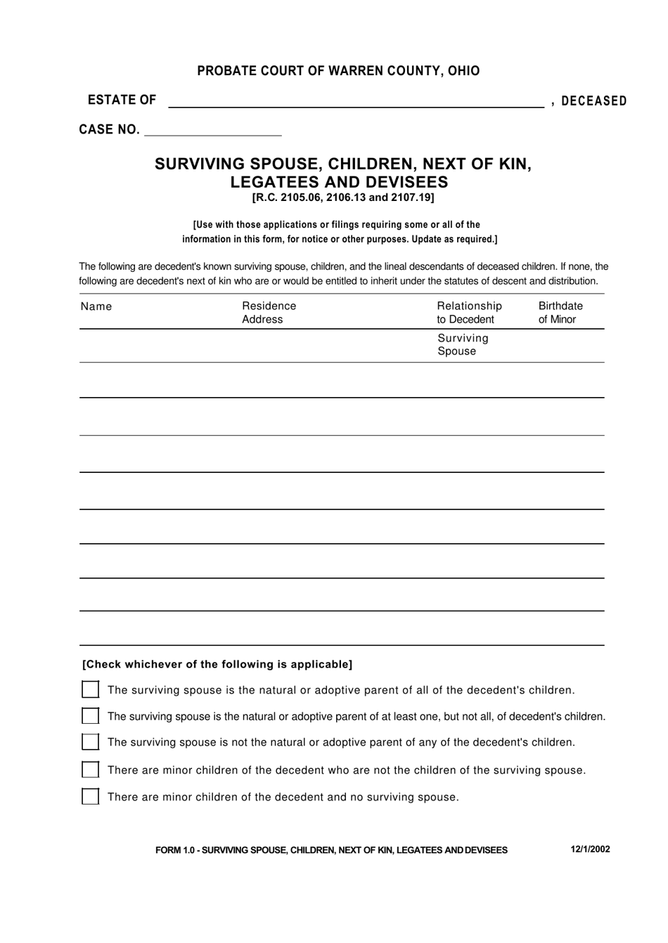 Form 1.0 Surviving Spouse, Children, Next of Kin, Legatees and Devisees - Warren County, Ohio, Page 1