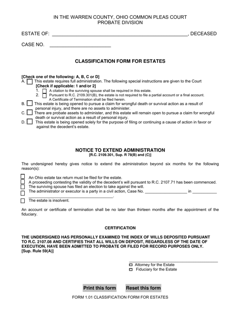 Form 1.01 Classification Form for Estates - Warren County, Ohio