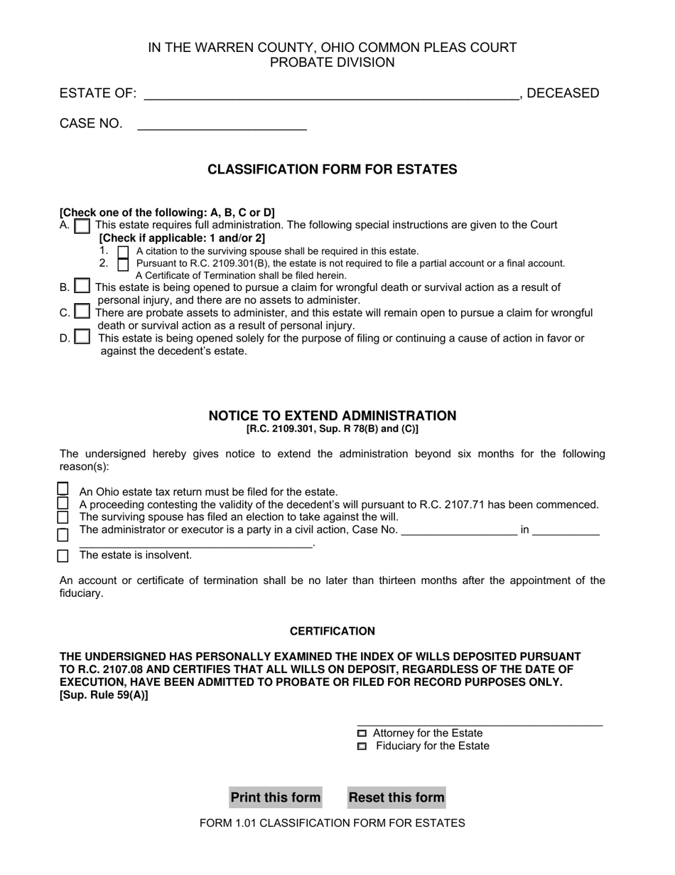 Form 1.01 Classification Form for Estates - Warren County, Ohio, Page 1