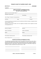 Document preview: Form 2.0 Application to Probate Will - Warren County, Ohio