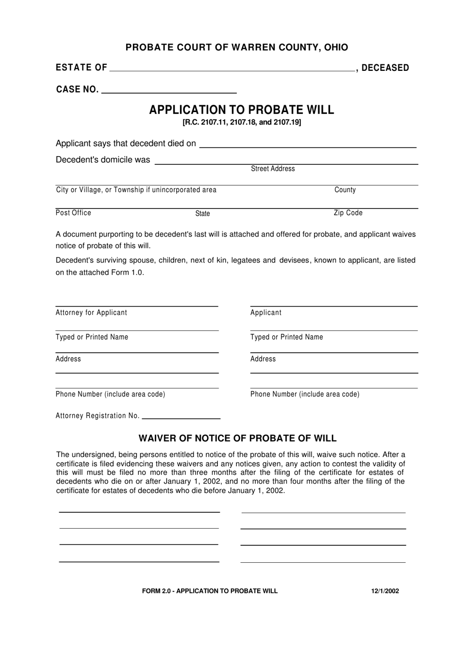 Form 2.0 Application to Probate Will - Warren County, Ohio, Page 1