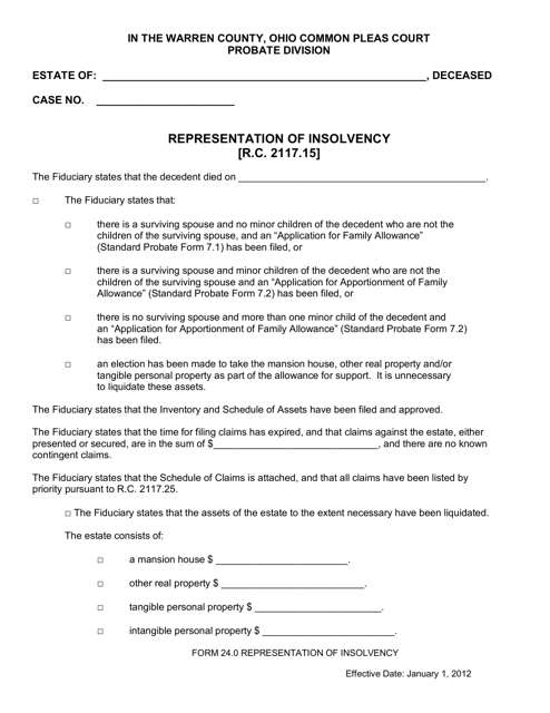 Form 24.0 Representation of Insolvency - Warren County, Ohio