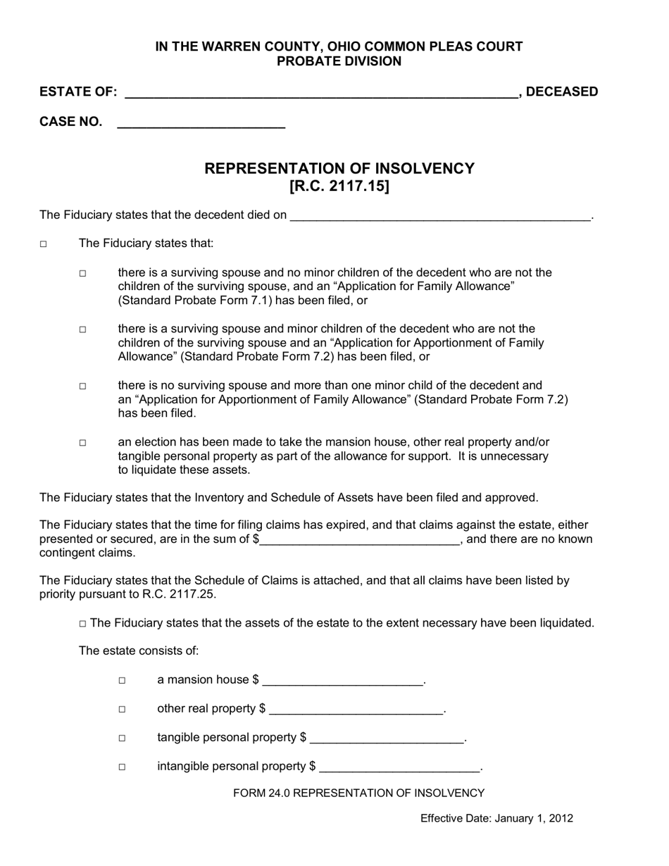 Form 24.0 Representation of Insolvency - Warren County, Ohio, Page 1