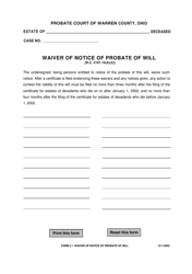Form 2.1 Waiver of Notice of Probate of Will - Warren County, Ohio