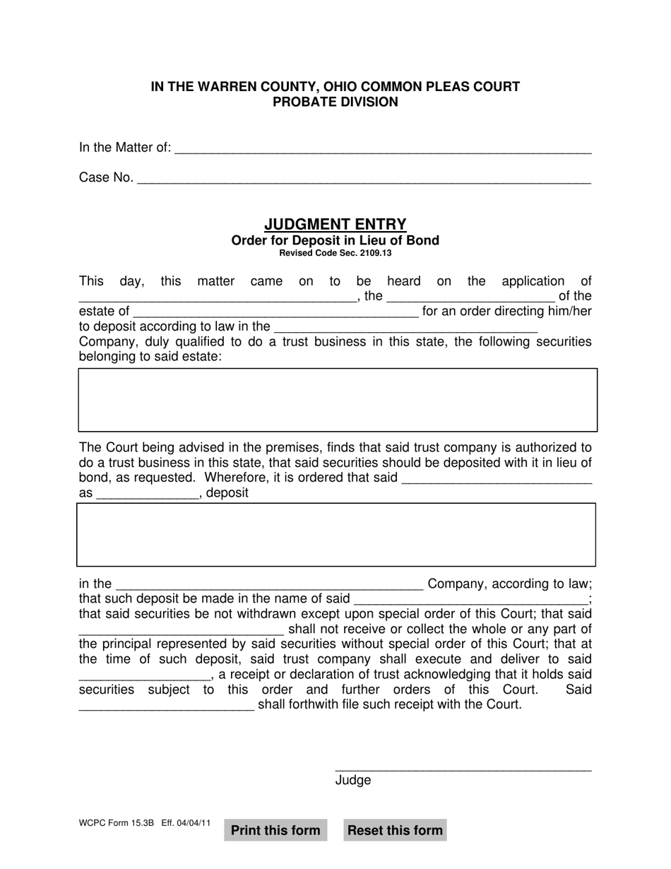 WCPC Form 15.3B Judgment Entry Order for Deposit in Lieu of Bond - Warren County, Ohio, Page 1