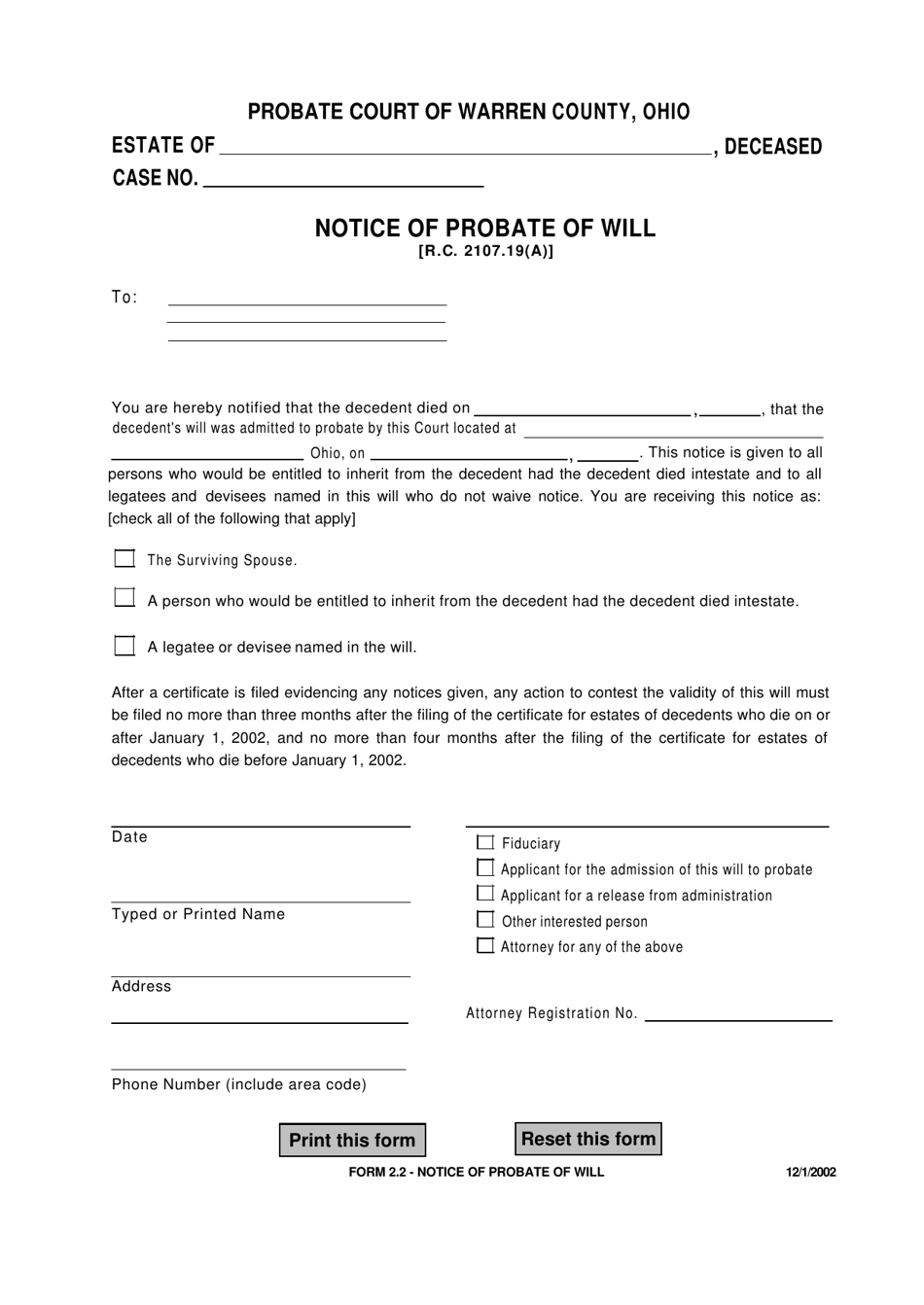 Form 2.2 Notice of Probate of Will - Warren County, Ohio, Page 1