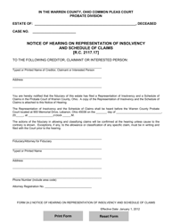 Document preview: Form 24.2 Notice of Hearing on Representation of Insolvency and Schedule of Claims - Warren County, Ohio
