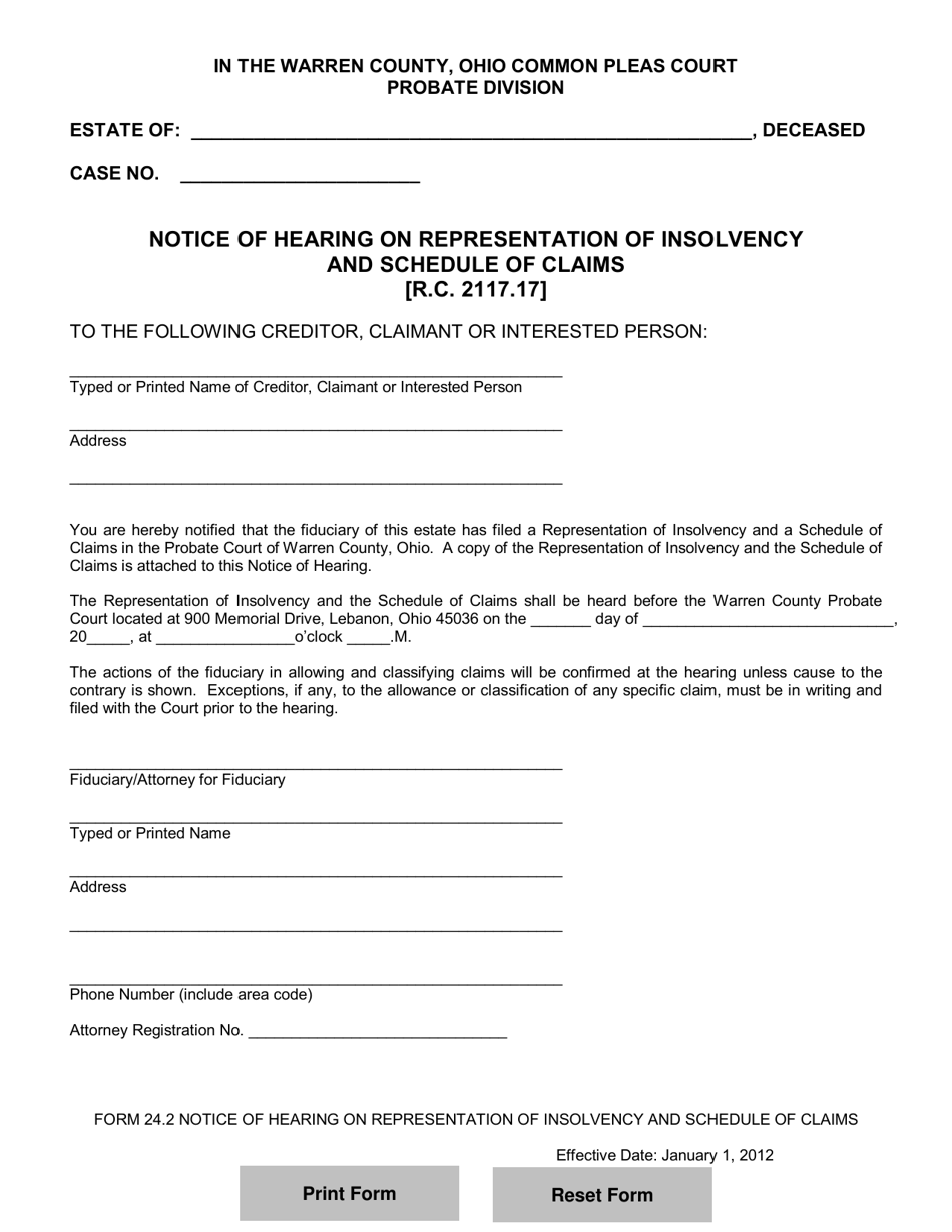 Form 24.2 Notice of Hearing on Representation of Insolvency and Schedule of Claims - Warren County, Ohio, Page 1