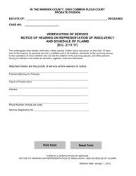 Document preview: Form 24.3 Verification of Service Notice of Hearing on Representation of Insolvency and Schedule of Claims - Warren County, Ohio