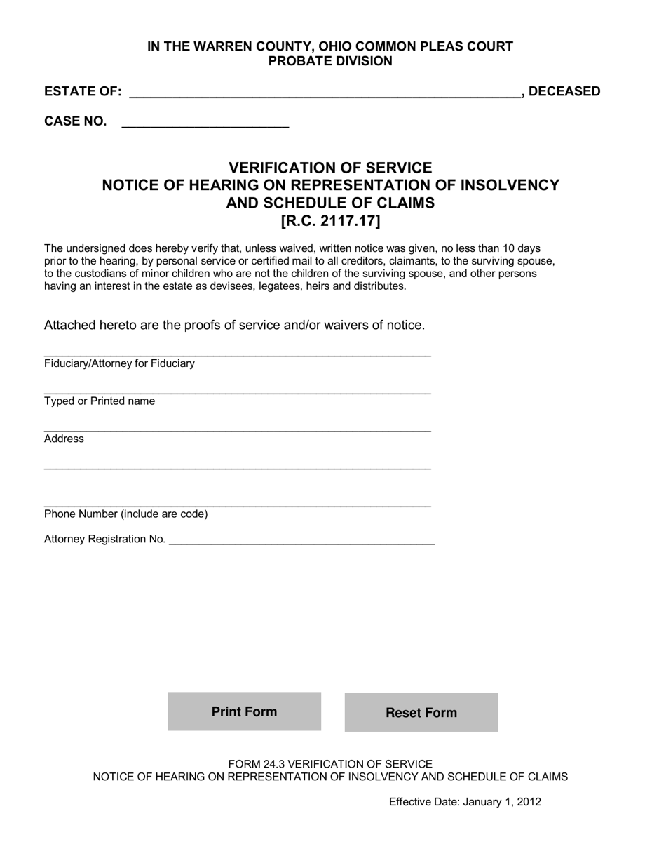 Form 24.3 Verification of Service Notice of Hearing on Representation of Insolvency and Schedule of Claims - Warren County, Ohio, Page 1