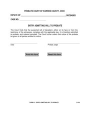 Document preview: Form 2.3 Entry Admitting Will to Probate - Warren County, Ohio