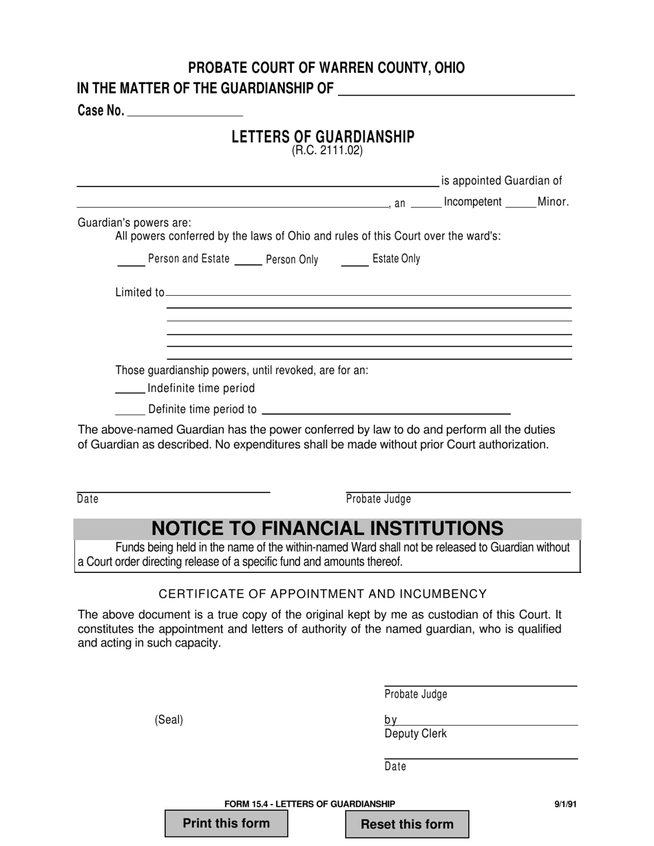 Form 15.4 Letters of Guardianship - Warren County, Ohio, Page 1