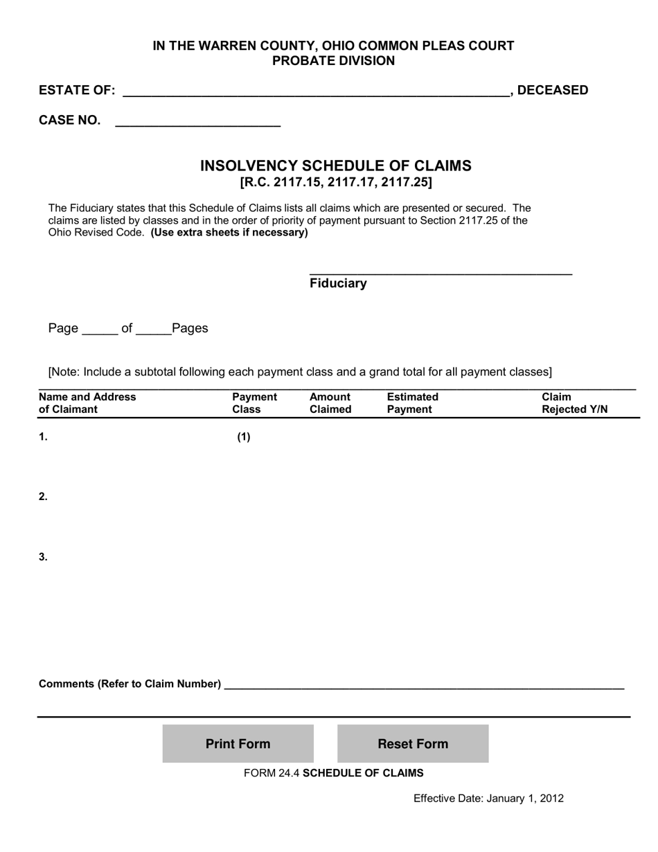 Form 24.4 Insolvency Schedule of Claims - Warren County, Ohio, Page 1