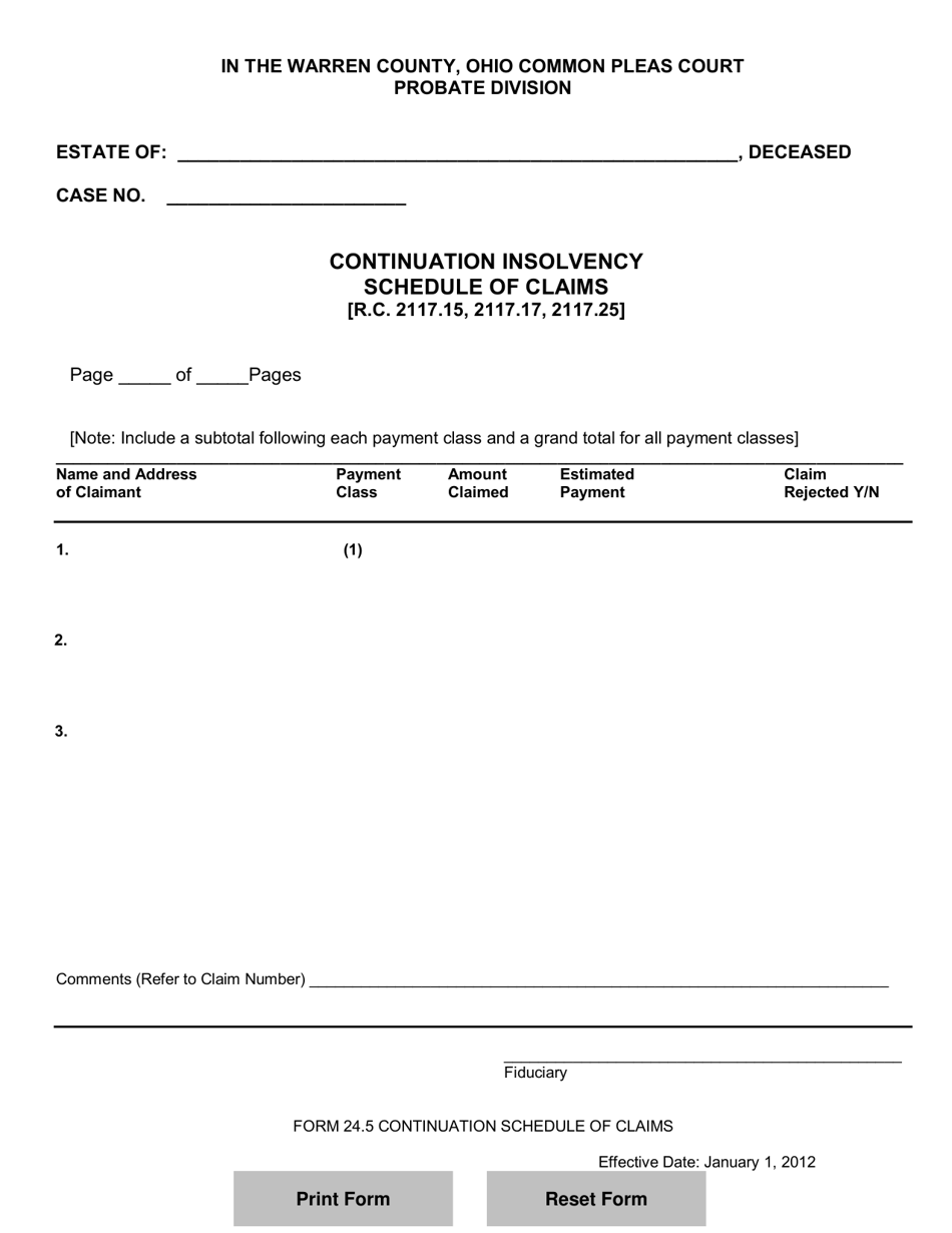 Form 24.5 Continuation Insolvency Schedule of Claims - Warren County, Ohio, Page 1