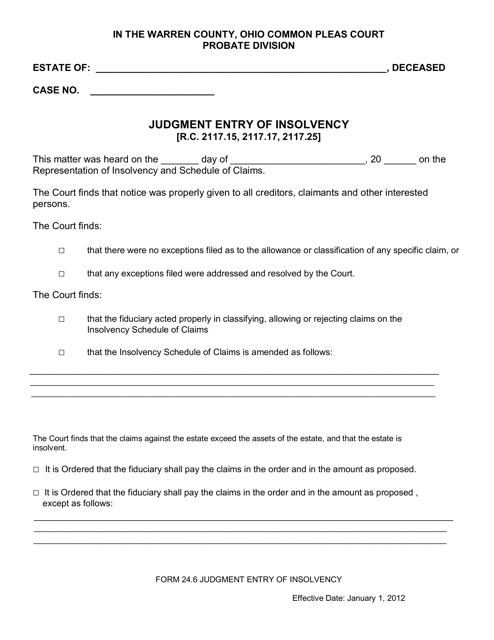 Form 24.6 Judgment Entry of Insolvency - Warren County, Ohio