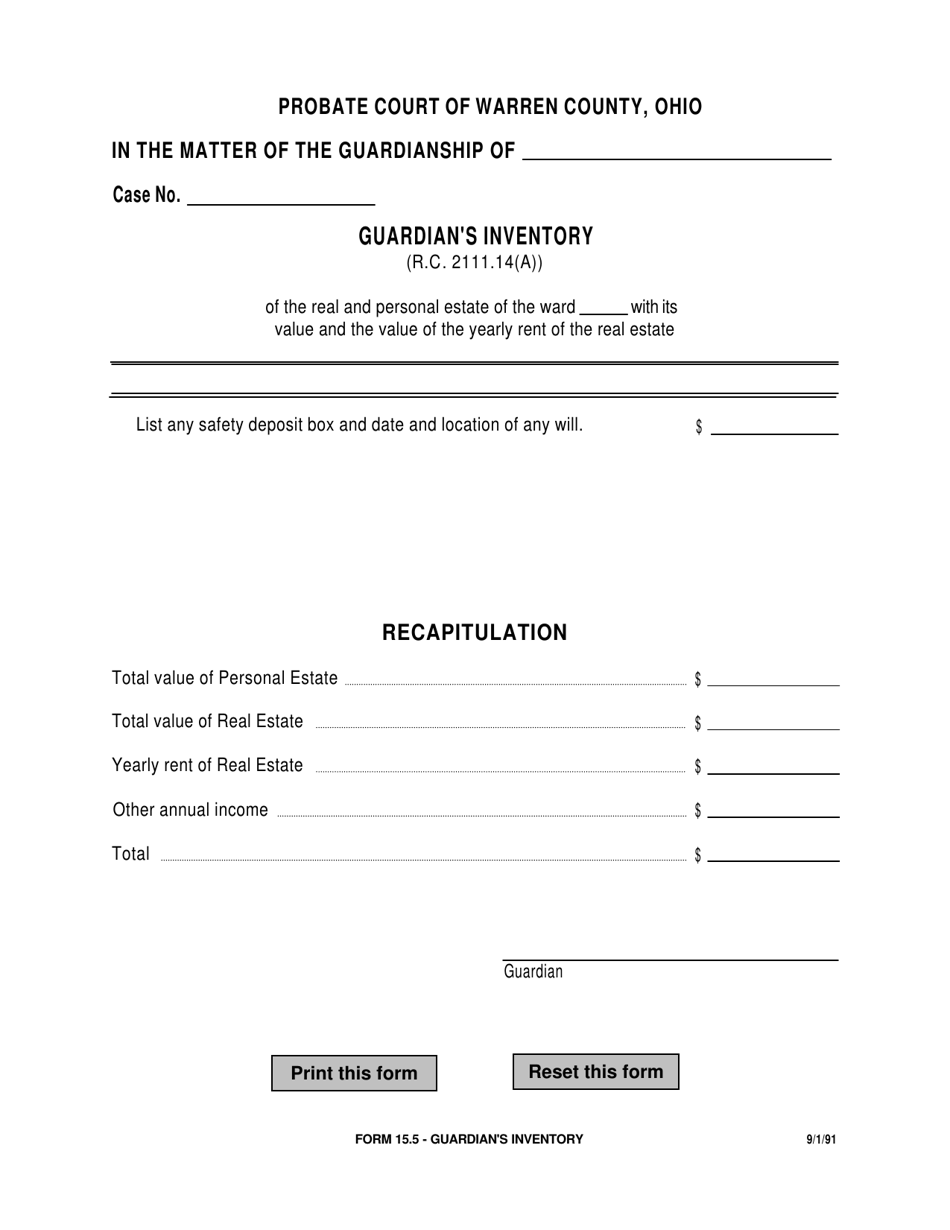 Form 15.5 Guardians Inventory - Warren County, Ohio, Page 1