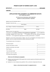 Document preview: Form 4.0 Application for Authority to Administer Estate - Warren County, Ohio