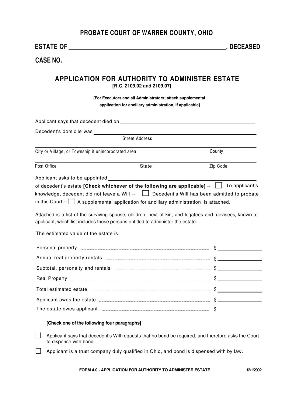 Form 4.0 Application for Authority to Administer Estate - Warren County, Ohio, Page 1