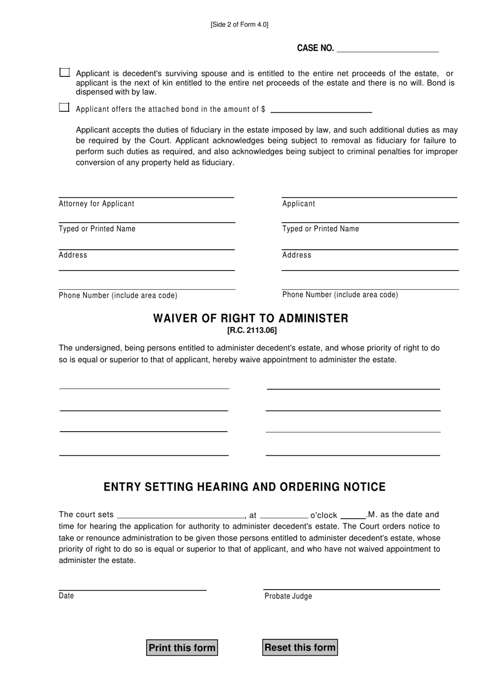 Form 4.0 Application for Authority to Administer Estate - Warren County, Ohio, Page 2