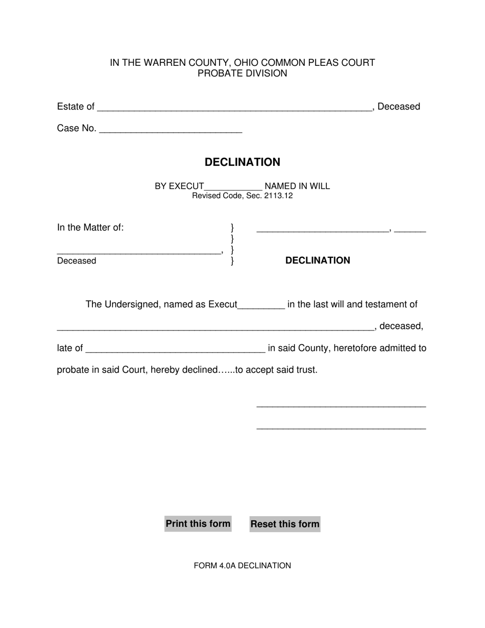 Form 4.0A Declination - Warren County, Ohio, Page 1