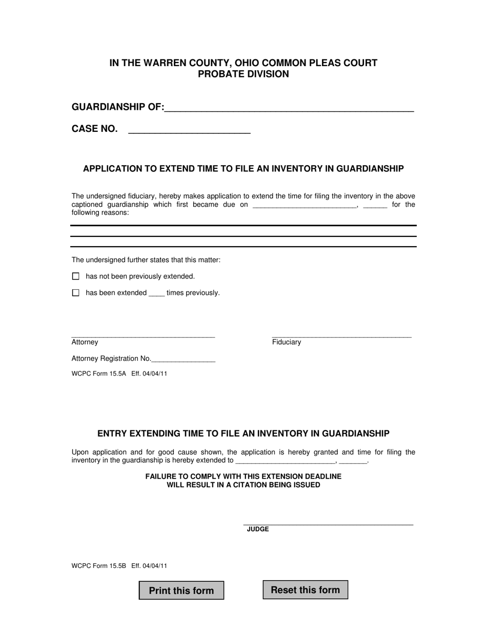 WCPC Form 15.5AB Application to Extend Time to File an Inventory in Guardianship / Entry Extending Time to File an Inventory in Guardianship - Warren County, Ohio, Page 1