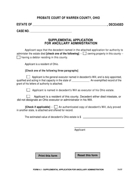 Form 4.1 Supplemental Application for Ancillary Administration - Warren County, Ohio