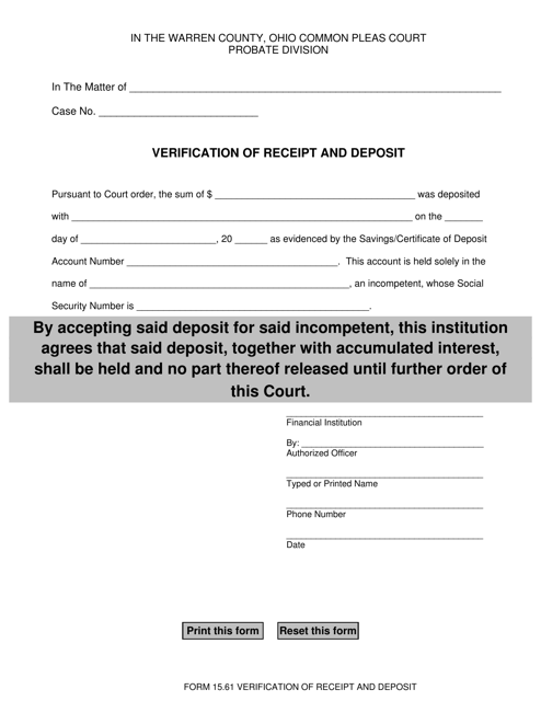 Form 15.61 Verification of Receipt and Deposit - Warren County, Ohio